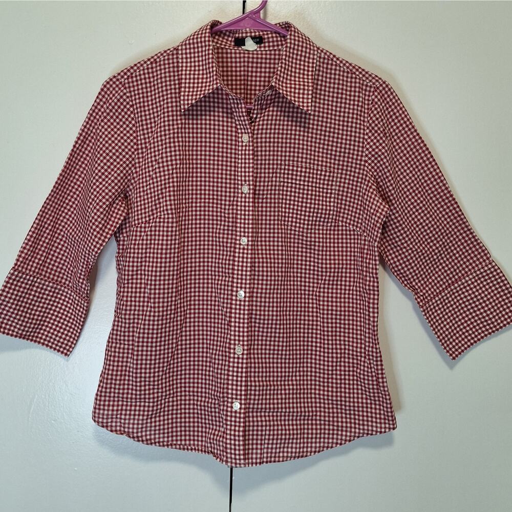 J. Crew Red Checkered Button Up Cotton Blouse Small